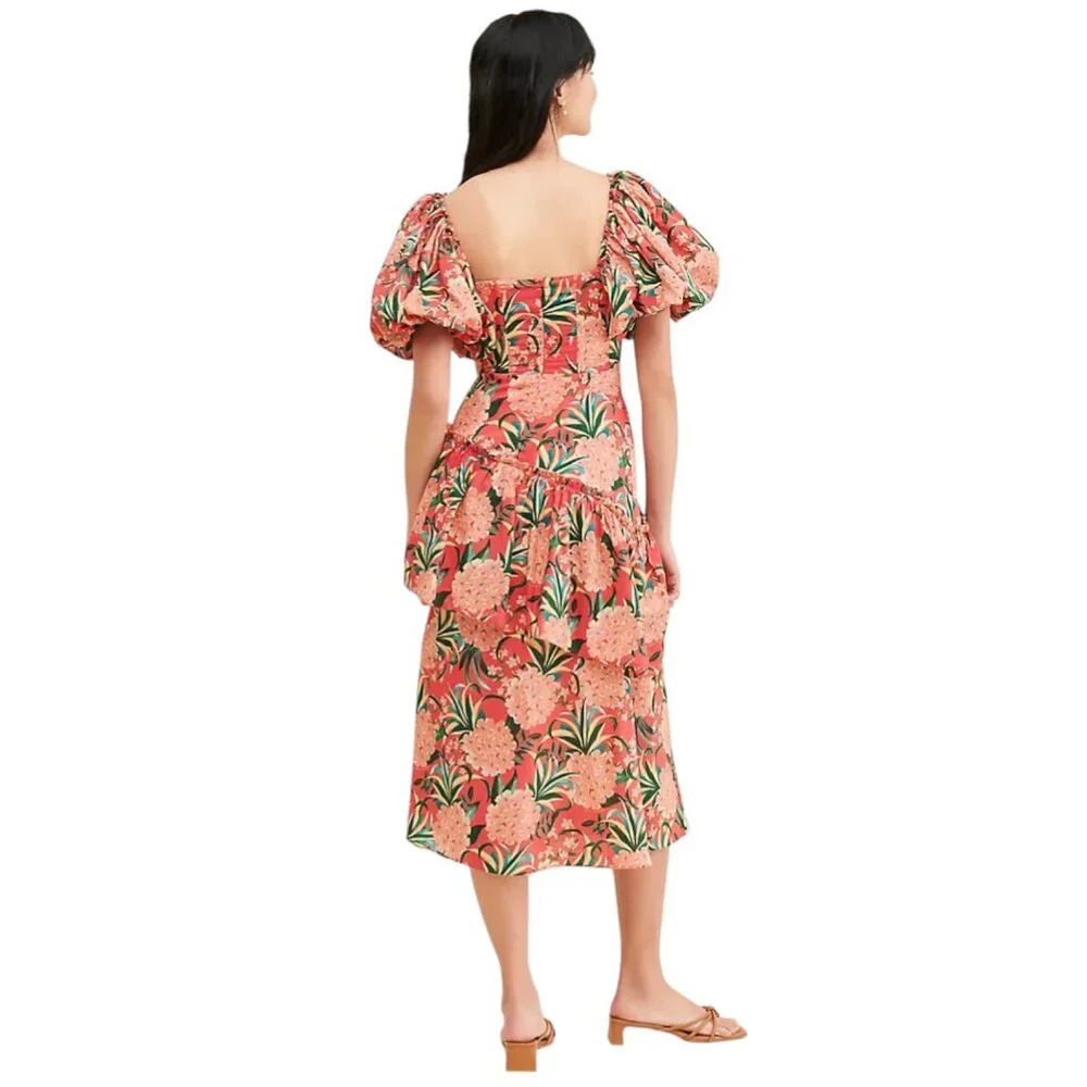 NWT Farm Rio Pineapple Bloom Midi Cotton Dress - Orange/Multi - XS - MSRP $275 - Picture 2 of 4